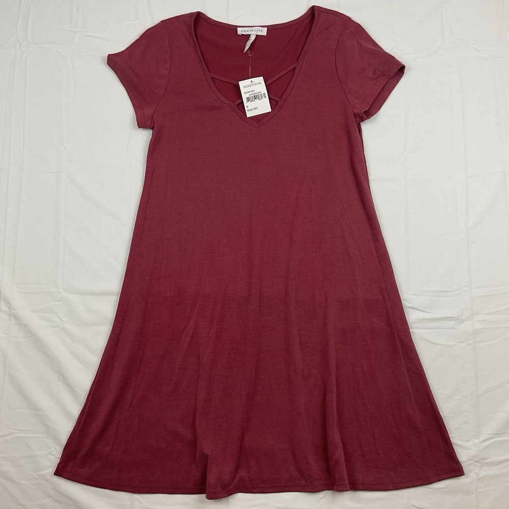Socialite Short Sleeve T shirt Dress Criss Cross Neck Burgundy Casual Size Small